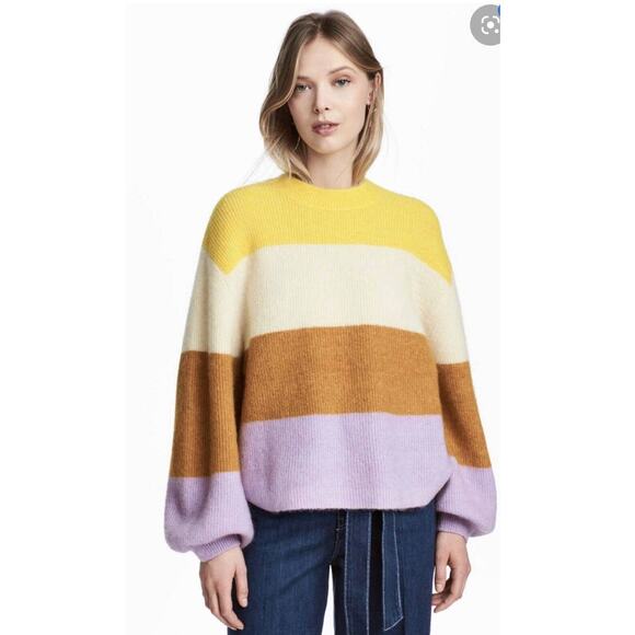 H&M Knitted Mohair Wool Blend Long Sleeve Stripe Pullover Sweater Yellow size XS - Picture 2 of 11